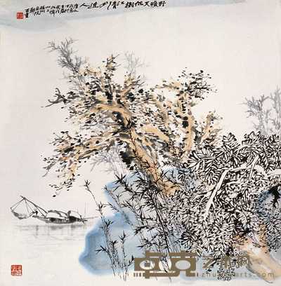 郑百重 江月渔舟 立轴 68×68cm